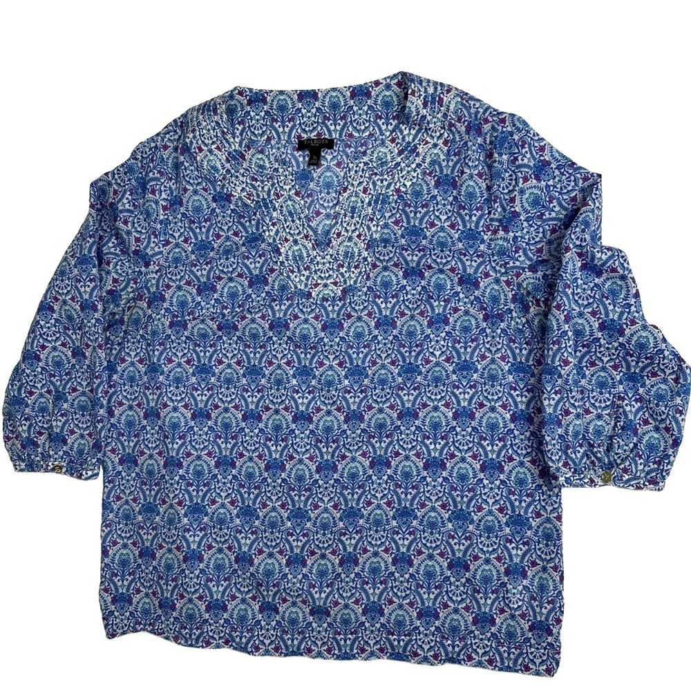 Talbots Women's Sz Sp 3/4 Sleeves Tunic Blouse  Blue Teal Magenta PaisleyLightwe